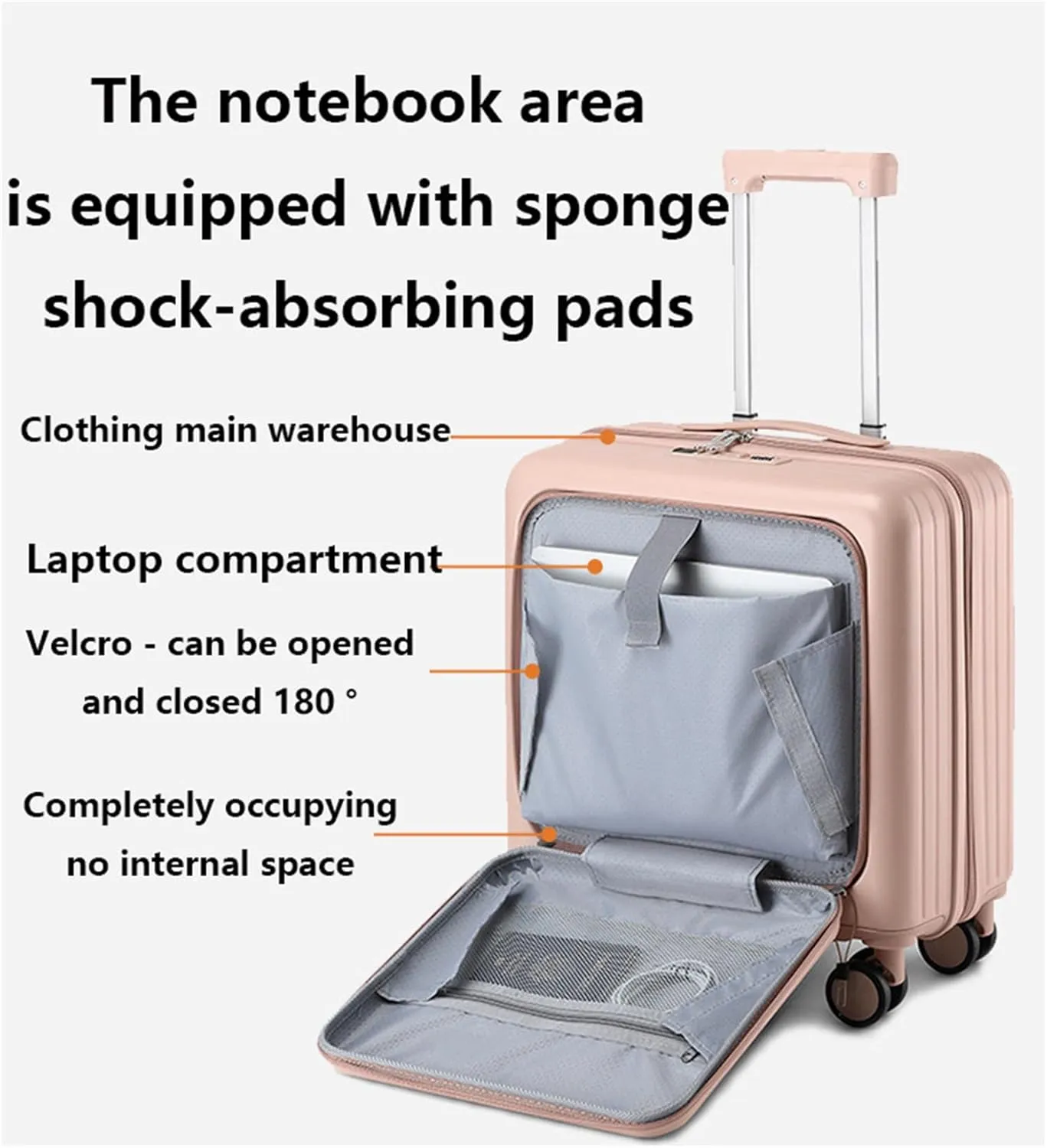 18 Inch Front Opening Luggage with Access to Central Compartment, Hardshell Carry on Luggage 22x14x9 Airline Approved Spinner Wheels (Pink,18inch)