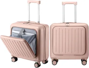 18 Inch Front Opening Luggage with Access to Central Compartment, Hardshell Carry on Luggage 22x14x9 Airline Approved Spinner Wheels (Pink,18inch)