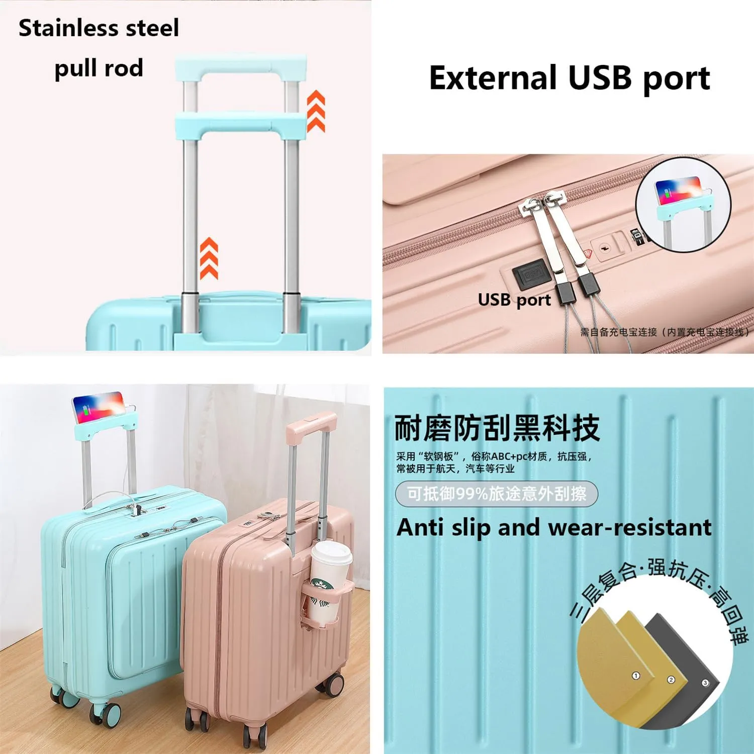 18 Inch Front Opening Luggage with Access to Central Compartment, Hardshell Carry on Luggage 22x14x9 Airline Approved Spinner Wheels (Pink,18inch)