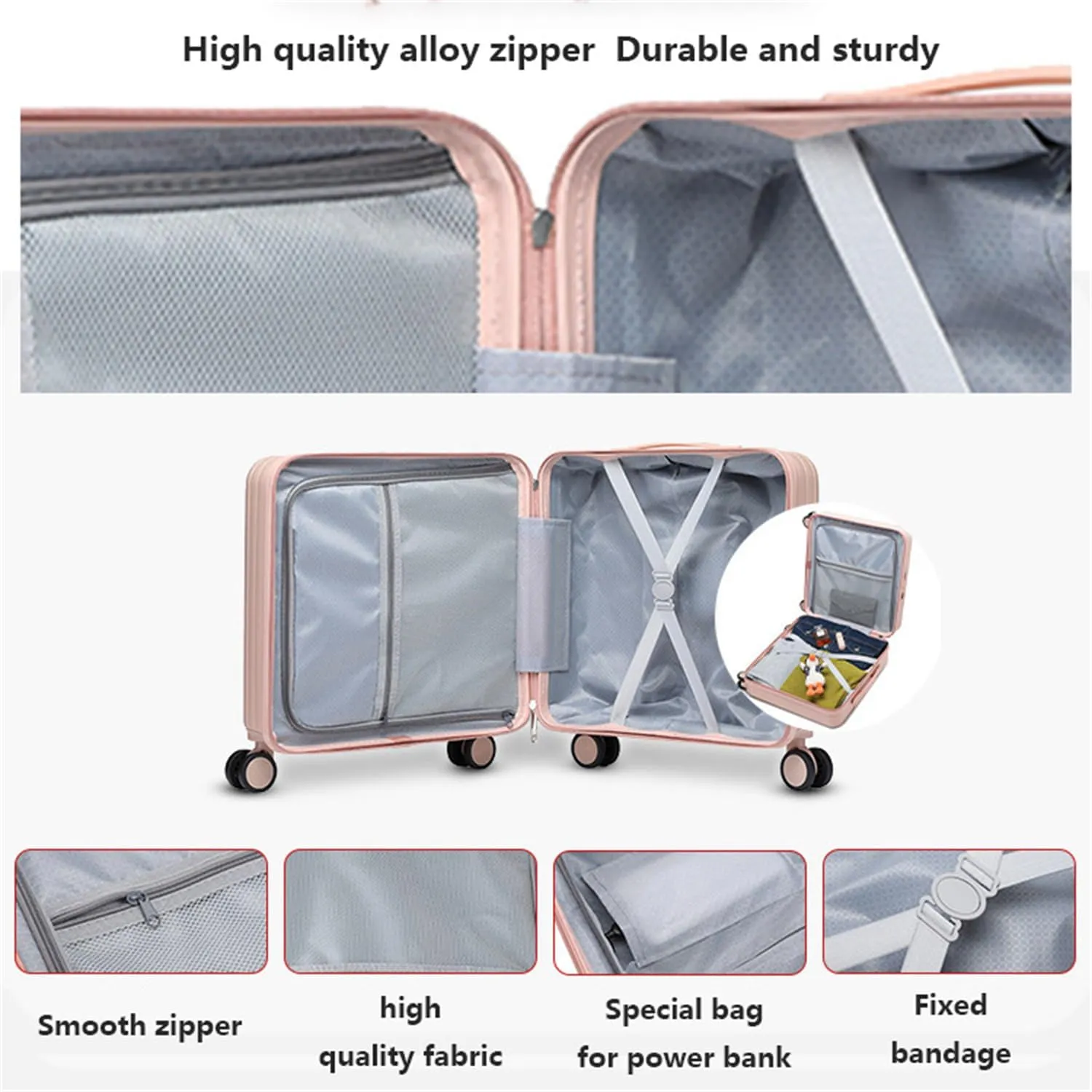 18 Inch Front Opening Luggage with Access to Central Compartment, Hardshell Carry on Luggage 22x14x9 Airline Approved Spinner Wheels (Pink,18inch)