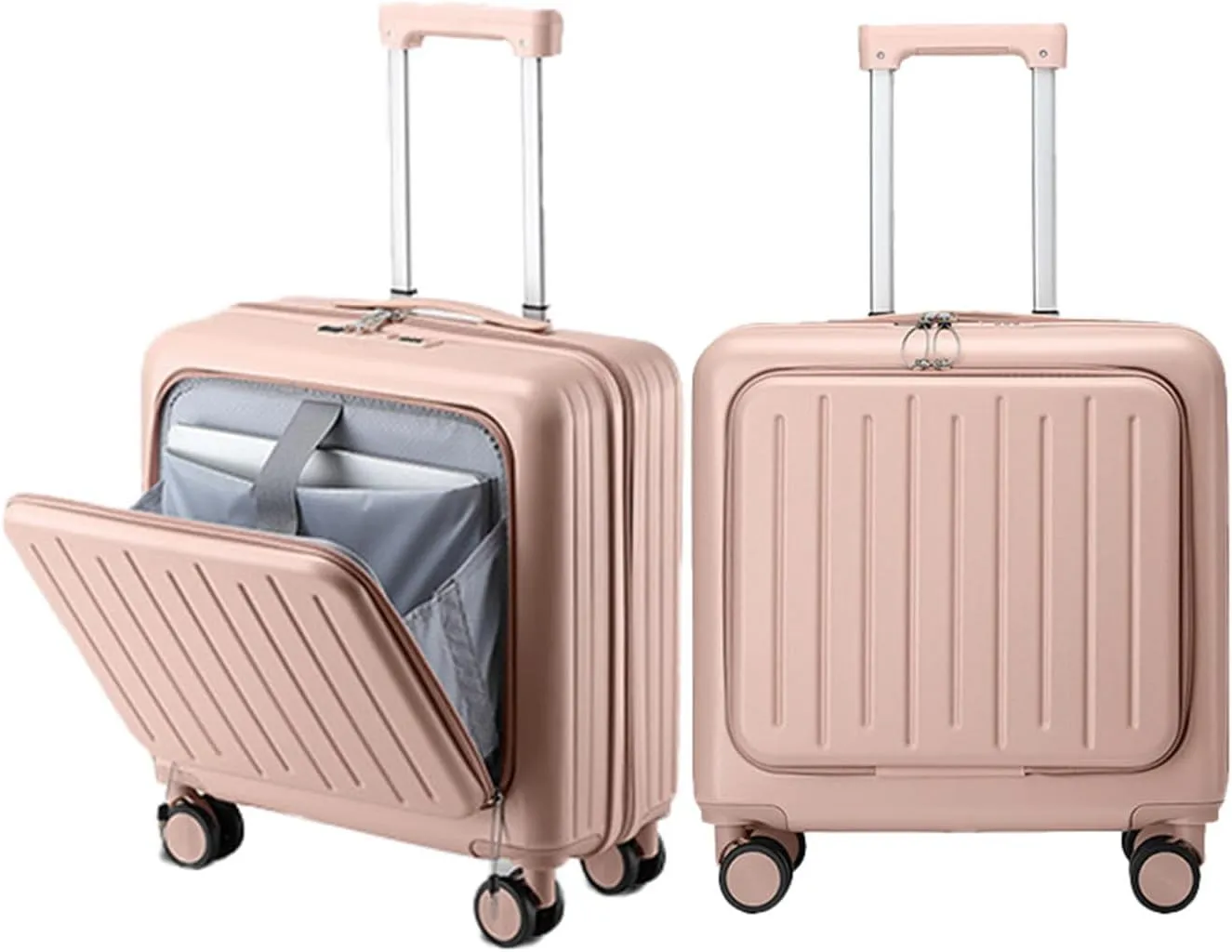 18 Inch Front Opening Luggage with Access to Central Compartment, Hardshell Carry on Luggage 22x14x9 Airline Approved Spinner Wheels (Pink,18inch)