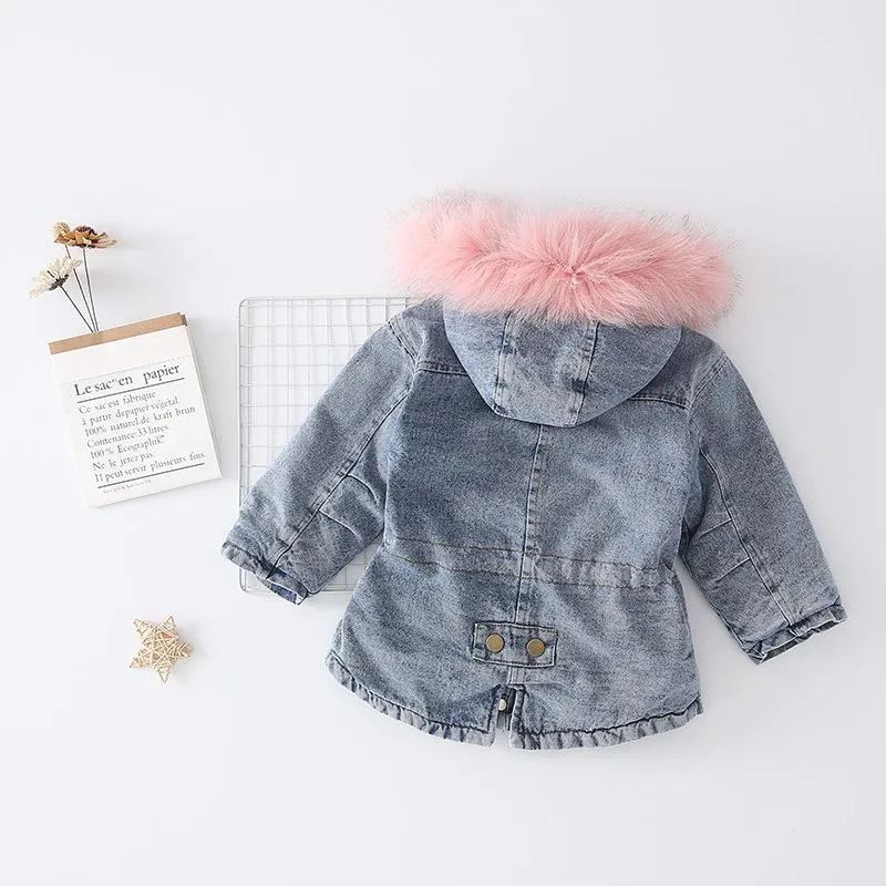 2 Colors Winter Stylish Denim Fur Hooded Winter Coat Jacket Pink and Blue