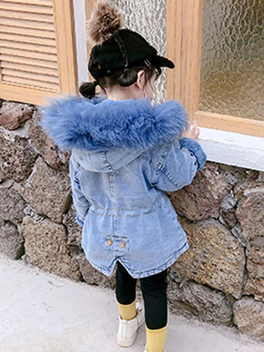 2 Colors Winter Stylish Denim Fur Hooded Winter Coat Jacket Pink and Blue