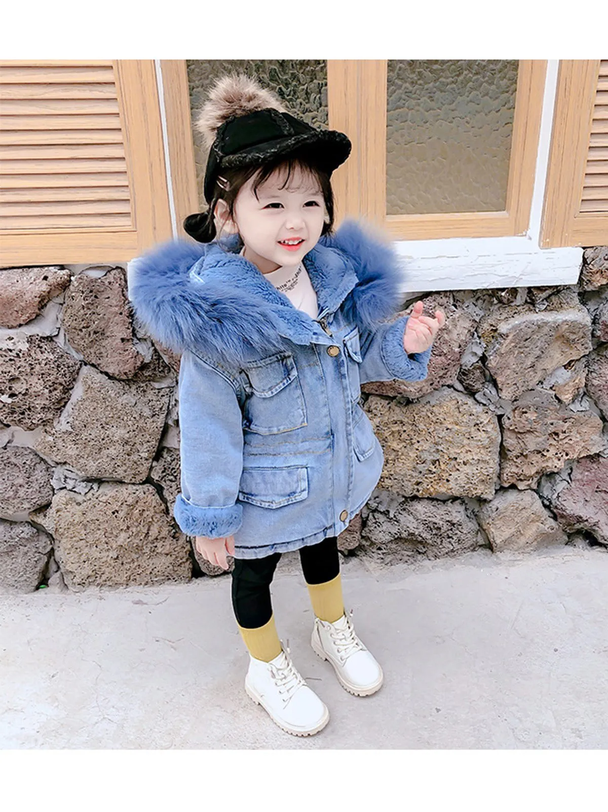 2 Colors Winter Stylish Denim Fur Hooded Winter Coat Jacket Pink and Blue