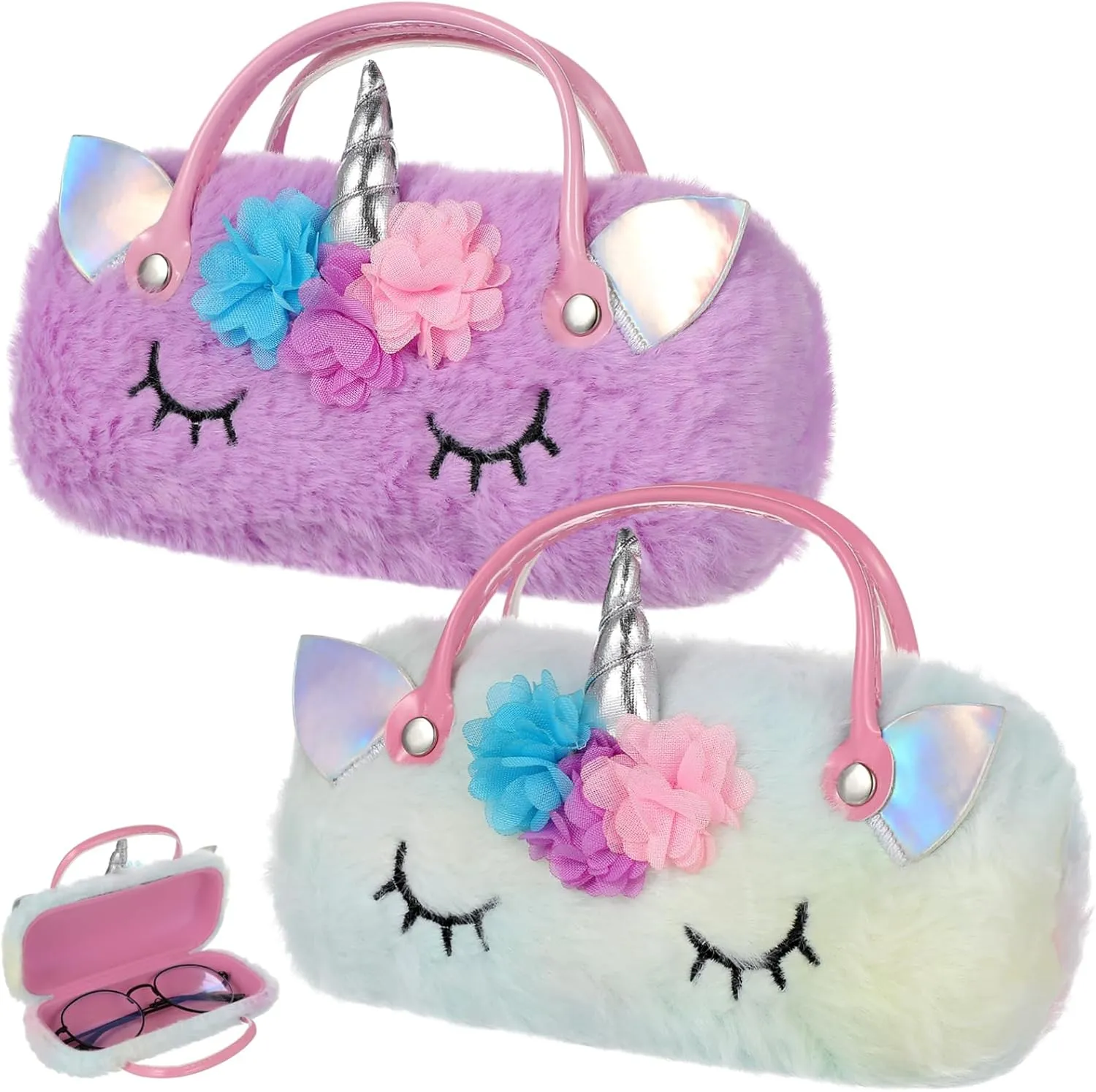2Pcs Cute Unicorn Glasses Case Portable Cartoon Eyeglasses Pouch with Handle Stylish Storage Bag for Sunglasses Glasses and Daily Use