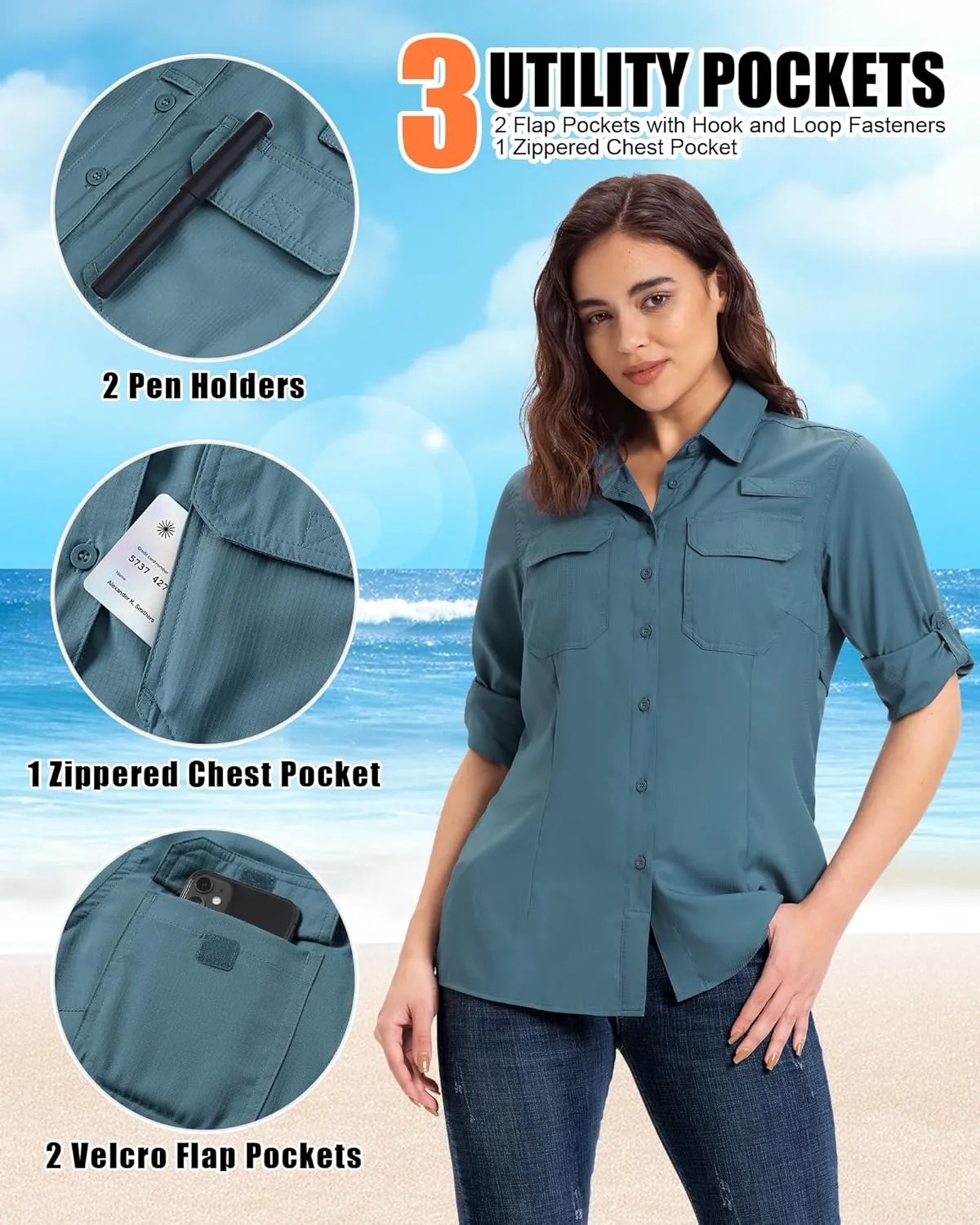 33,000ft Women's UPF 50  UV Long Sleeve Sun Protection Safari Shirts Quick Dry Outdoor Fishing Hiking Travel Shirt