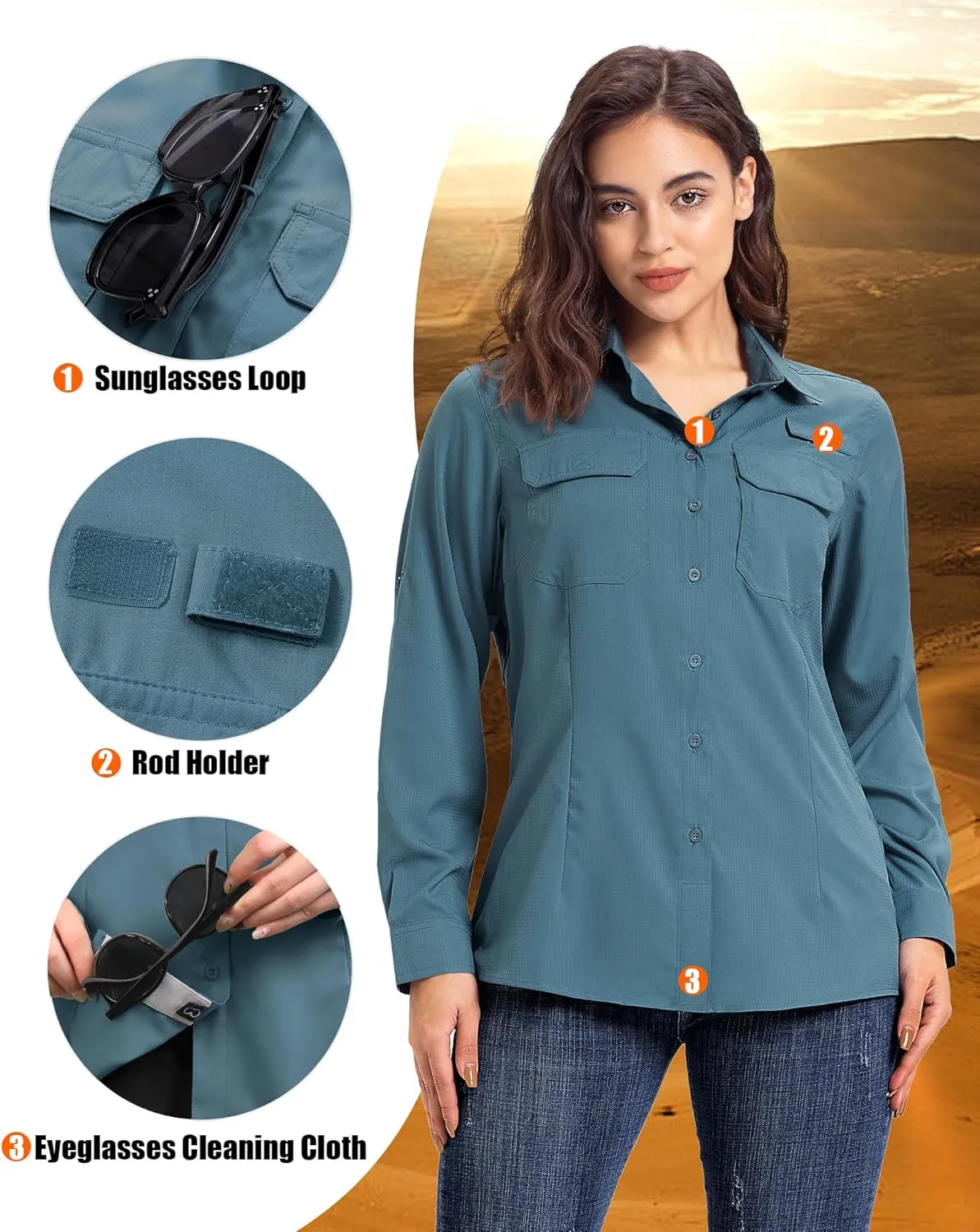 33,000ft Women's UPF 50  UV Long Sleeve Sun Protection Safari Shirts Quick Dry Outdoor Fishing Hiking Travel Shirt