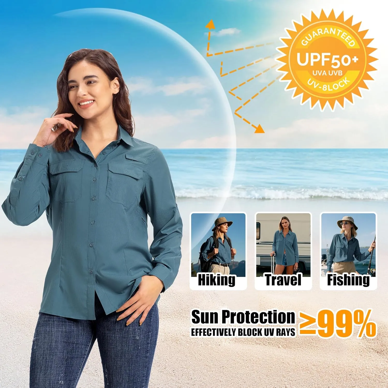 33,000ft Women's UPF 50  UV Long Sleeve Sun Protection Safari Shirts Quick Dry Outdoor Fishing Hiking Travel Shirt