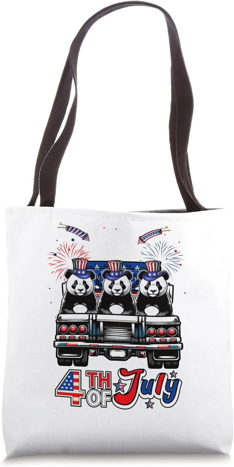 4th Of July US Flag Three Funny Pandas On Pickup Truck Tote Bag
