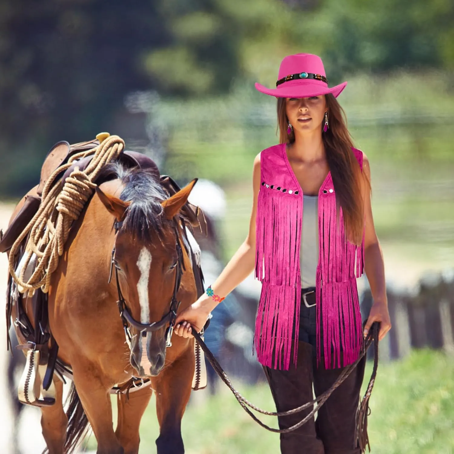 6 PCS Cowgirl Outfits Set for Women with Cowgirl Vest Cowboy Hat Turquoise Trim Bracelet Sunglasses for Christmas