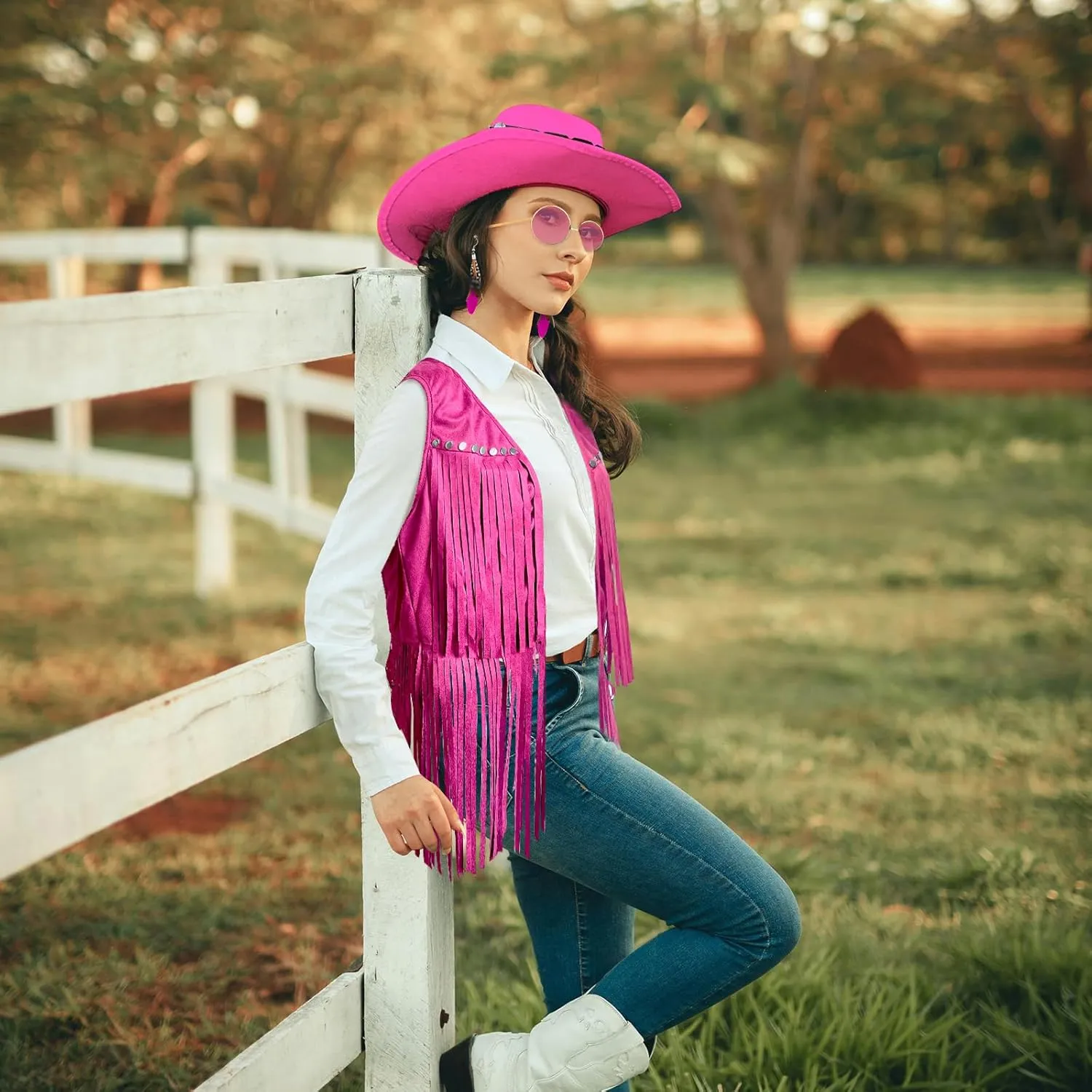 6 PCS Cowgirl Outfits Set for Women with Cowgirl Vest Cowboy Hat Turquoise Trim Bracelet Sunglasses for Christmas