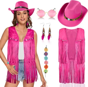 6 PCS Cowgirl Outfits Set for Women with Cowgirl Vest Cowboy Hat Turquoise Trim Bracelet Sunglasses for Christmas