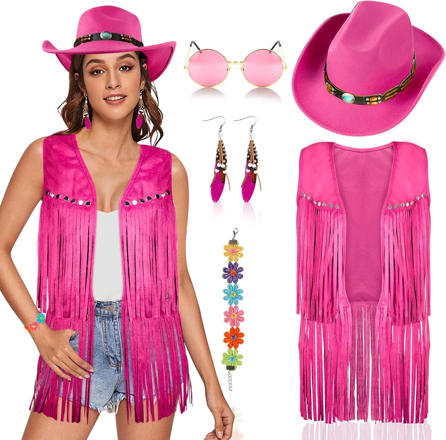 6 PCS Cowgirl Outfits Set for Women with Cowgirl Vest Cowboy Hat Turquoise Trim Bracelet Sunglasses for Christmas
