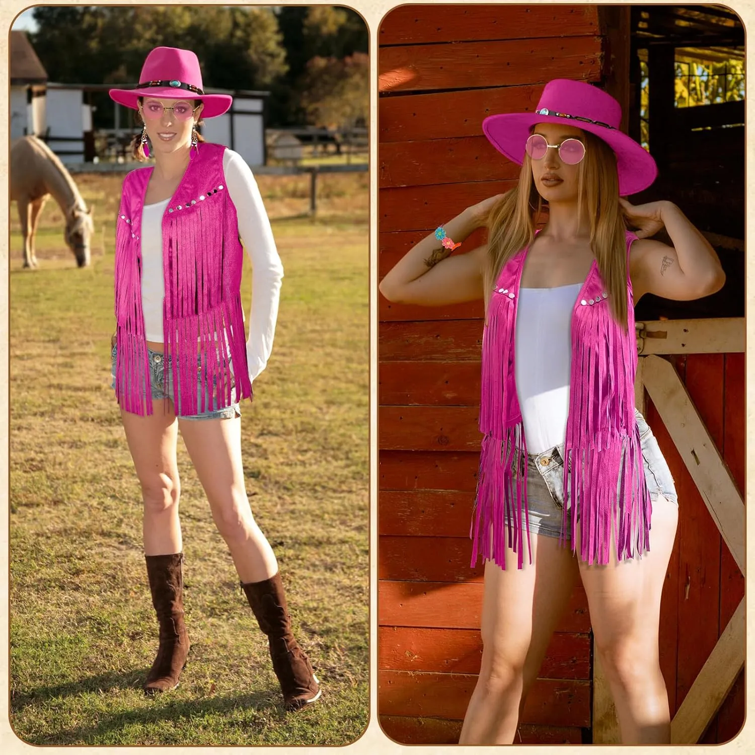 6 PCS Cowgirl Outfits Set for Women with Cowgirl Vest Cowboy Hat Turquoise Trim Bracelet Sunglasses for Christmas