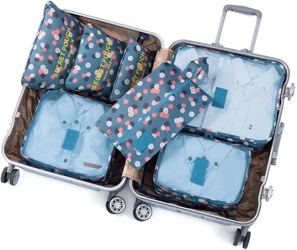 7 Set Packing Cubes Travel Luggage Packing Organizers for Suitcase, Blue Flower