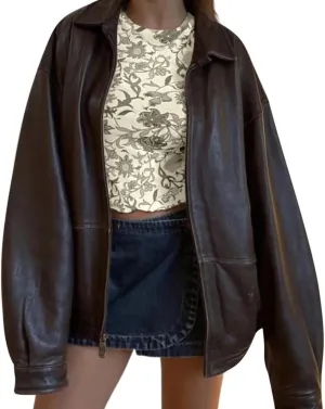 90s Womens Vintage Bomber Jacket - Oversized Brown Genuine Sheepskin Leather