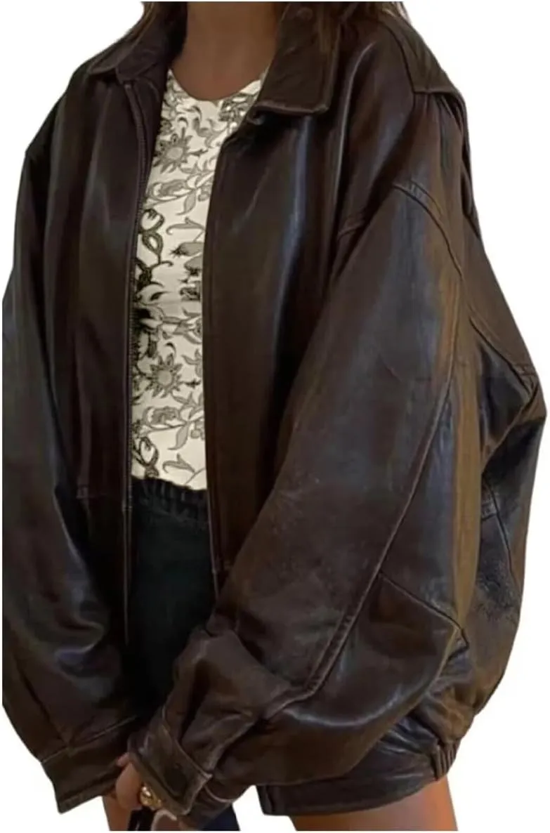 90s Womens Vintage Bomber Jacket - Oversized Brown Genuine Sheepskin Leather