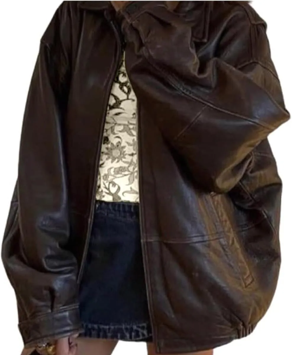 90s Womens Vintage Bomber Jacket - Oversized Brown Genuine Sheepskin Leather