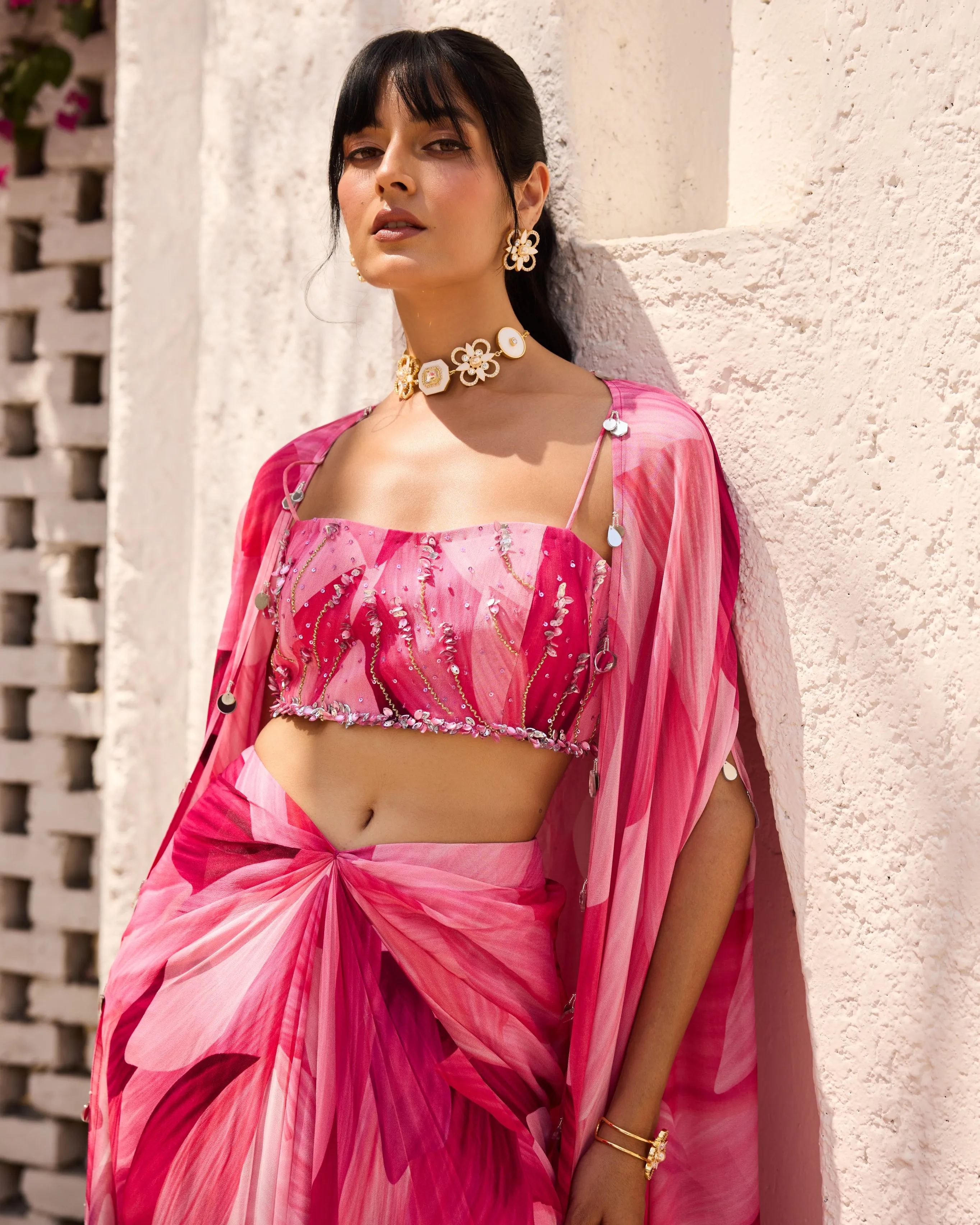 Adelia Pink Petal Printed Cape Set