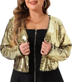 Agnes Orinda Plus Size Sequin Cardigan for Women Glitter Shinny Metallic Long Sleeve Shrug Bolero Cardigans Jackets
