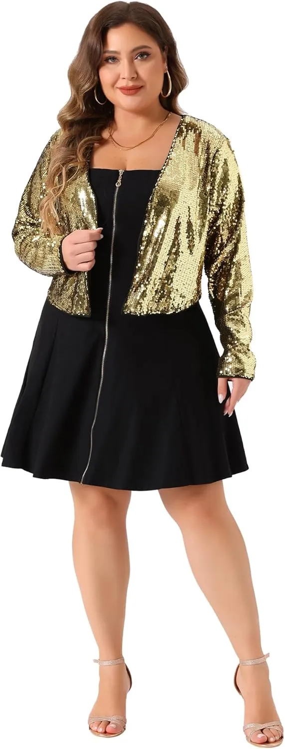 Agnes Orinda Plus Size Sequin Cardigan for Women Glitter Shinny Metallic Long Sleeve Shrug Bolero Cardigans Jackets