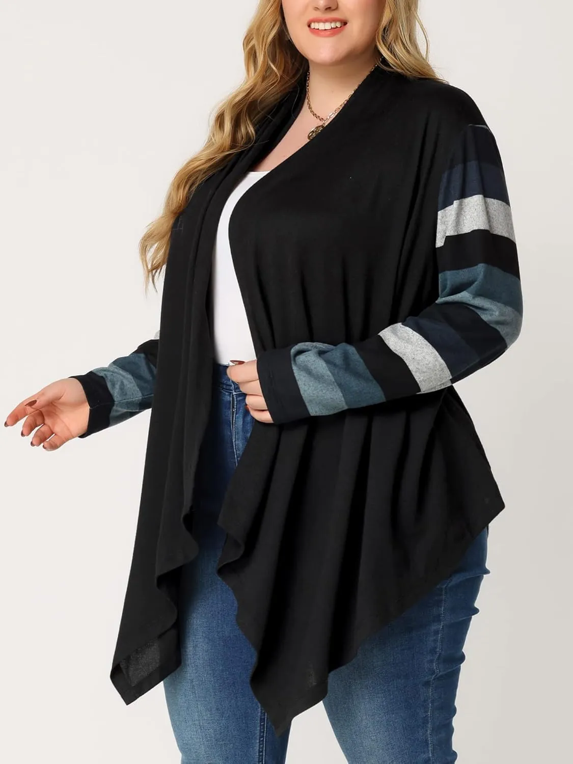 Agnes Orinda Women's Plus Size Cardigan Duster Open Front Long Sleeve Lightweight Stripe Splicing Long Cardigans