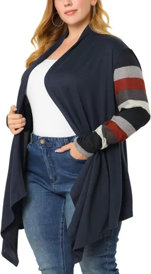 Agnes Orinda Women's Plus Size Cardigan Duster Open Front Long Sleeve Lightweight Stripe Splicing Long Cardigans