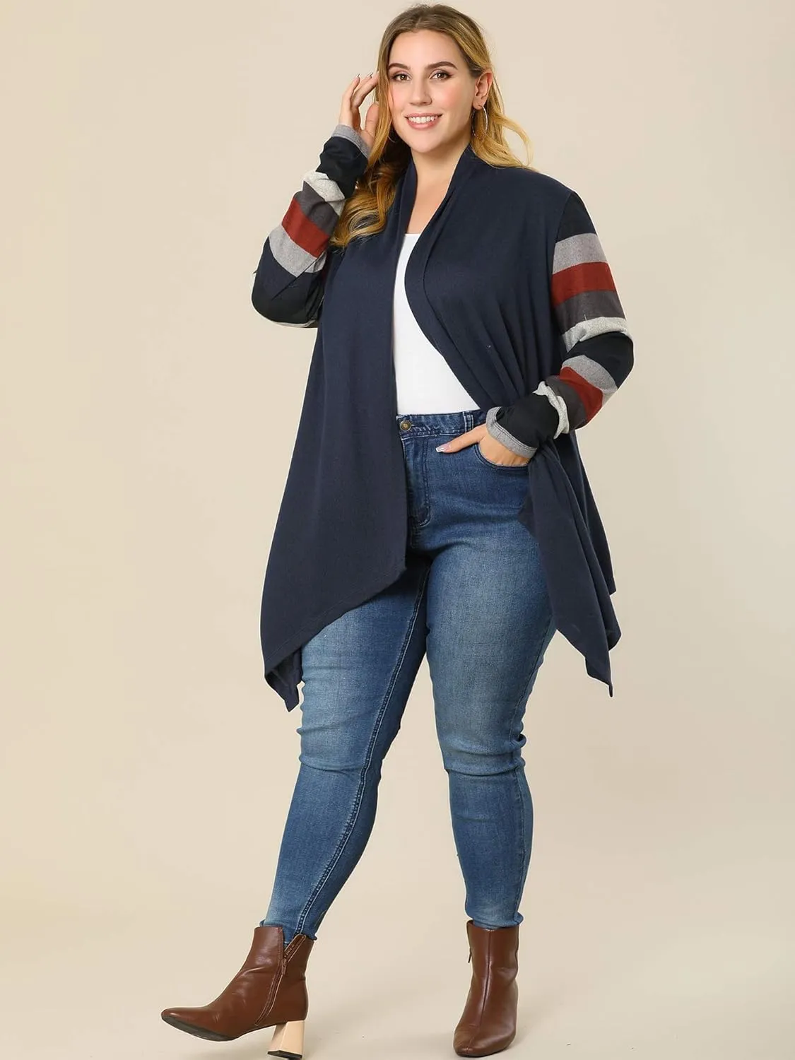 Agnes Orinda Women's Plus Size Cardigan Duster Open Front Long Sleeve Lightweight Stripe Splicing Long Cardigans
