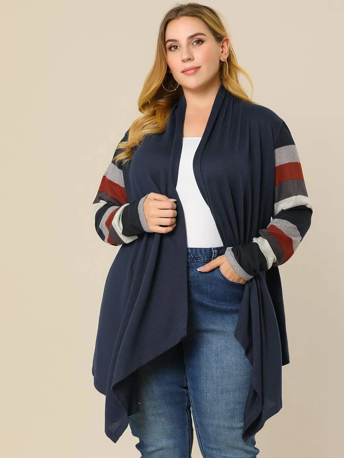 Agnes Orinda Women's Plus Size Cardigan Duster Open Front Long Sleeve Lightweight Stripe Splicing Long Cardigans