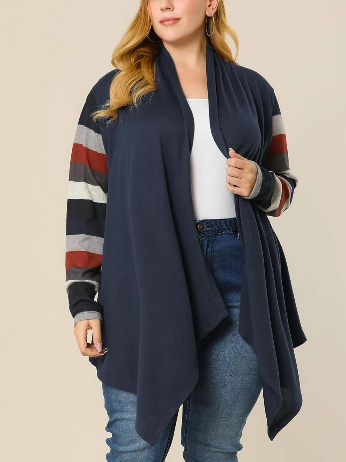 Agnes Orinda Women's Plus Size Cardigan Duster Open Front Long Sleeve Lightweight Stripe Splicing Long Cardigans