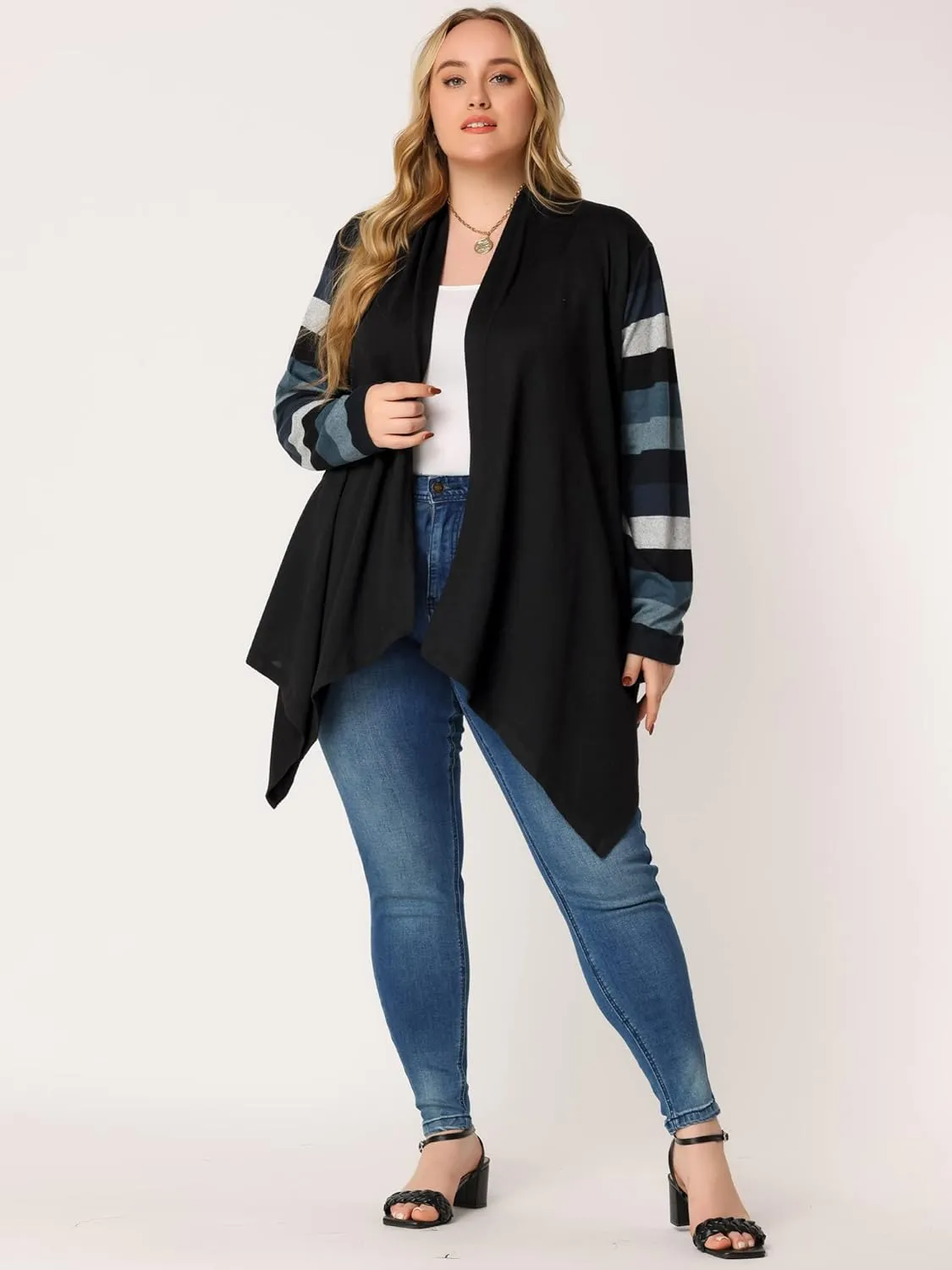 Agnes Orinda Women's Plus Size Cardigan Duster Open Front Long Sleeve Lightweight Stripe Splicing Long Cardigans
