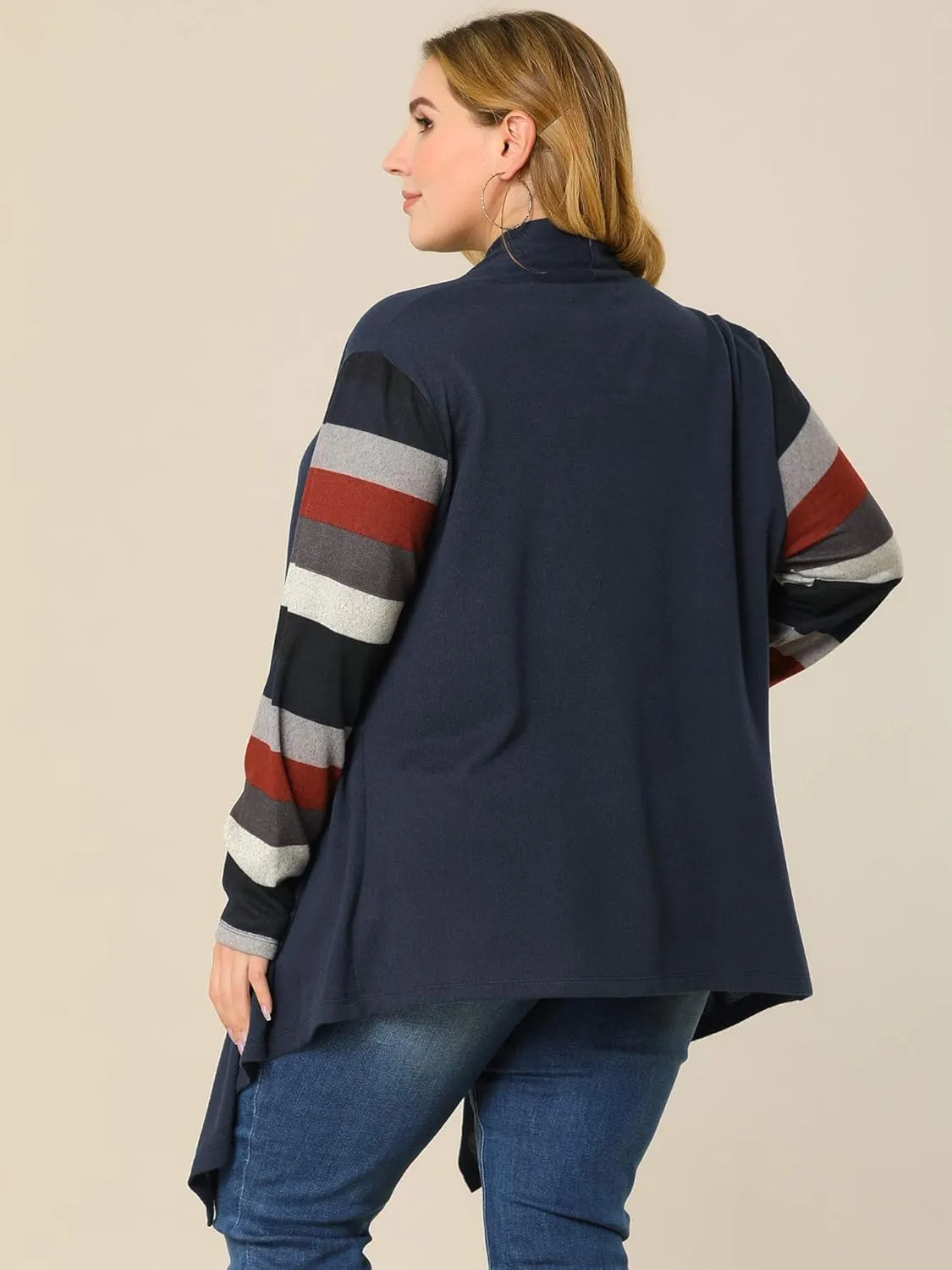 Agnes Orinda Women's Plus Size Cardigan Duster Open Front Long Sleeve Lightweight Stripe Splicing Long Cardigans