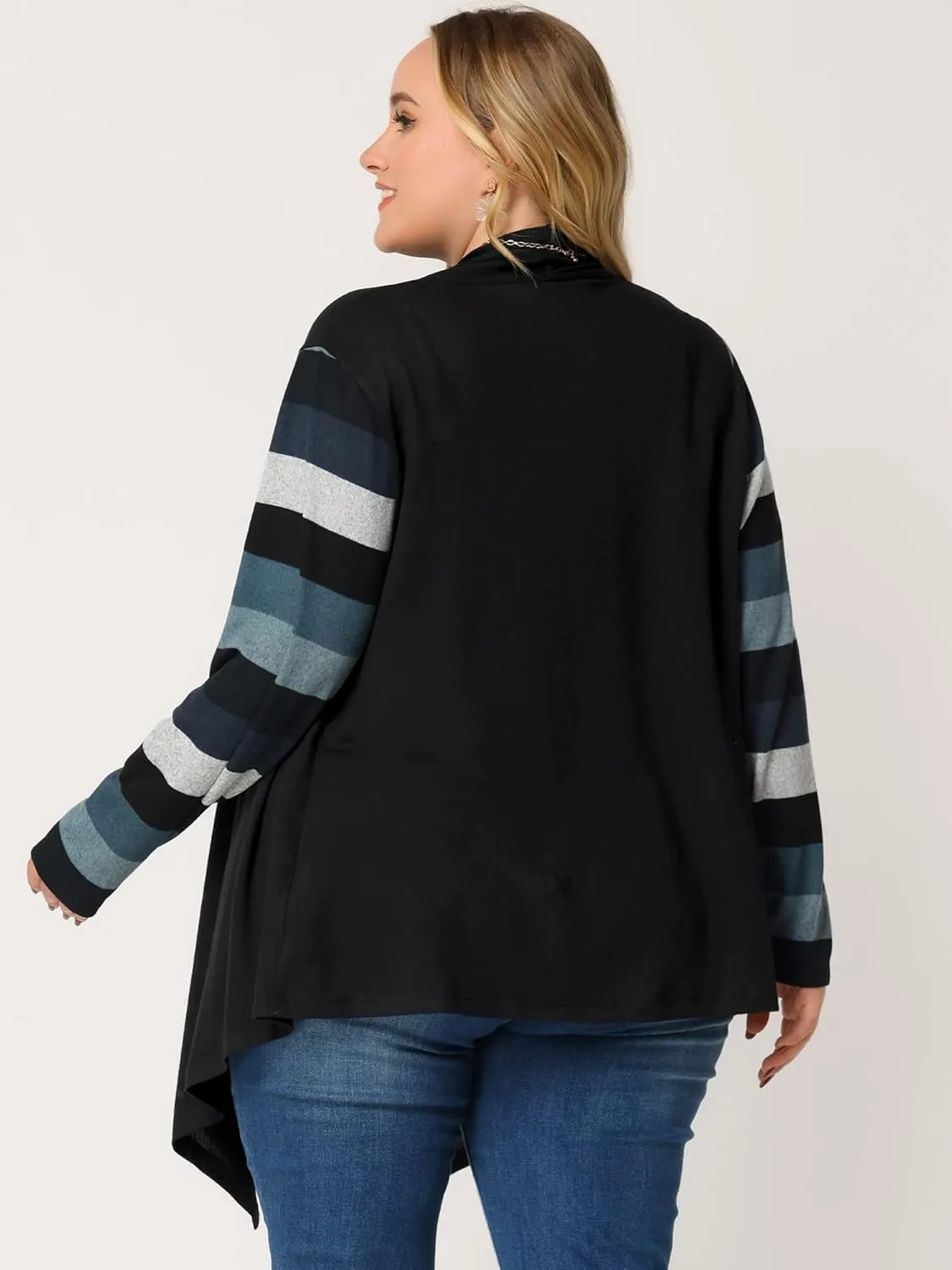 Agnes Orinda Women's Plus Size Cardigan Duster Open Front Long Sleeve Lightweight Stripe Splicing Long Cardigans
