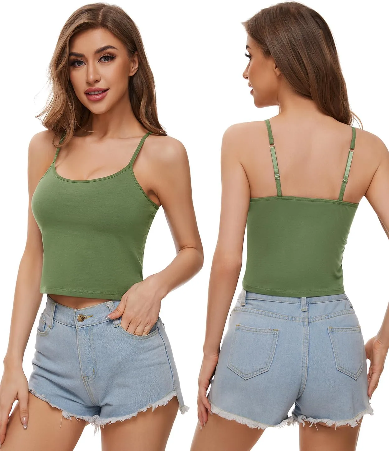 Air Curvey 3-Pack Womens Short Camisole Built in Bra Cotton Crop Tops Adjustable Spaghetti Strap Tank Tops
