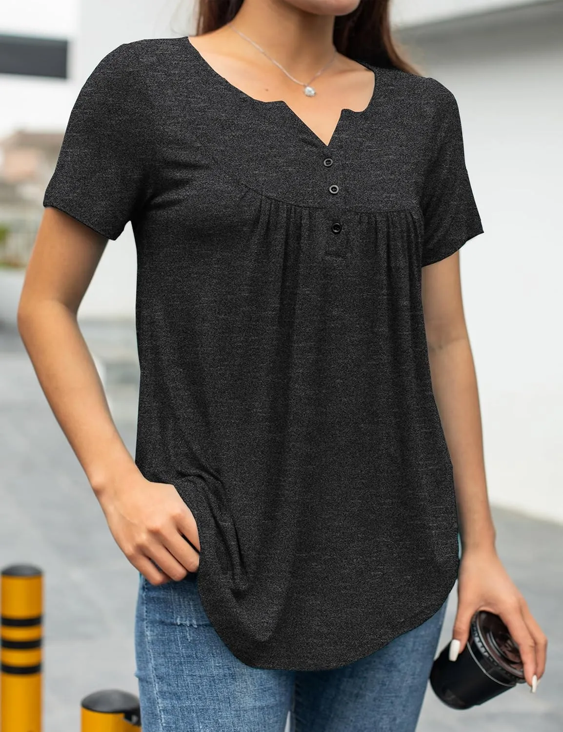 a.Jesdani Womens Summer Plus Size Tunic Tops Short Sleeve Blouses Casual Floral Henley Shirts