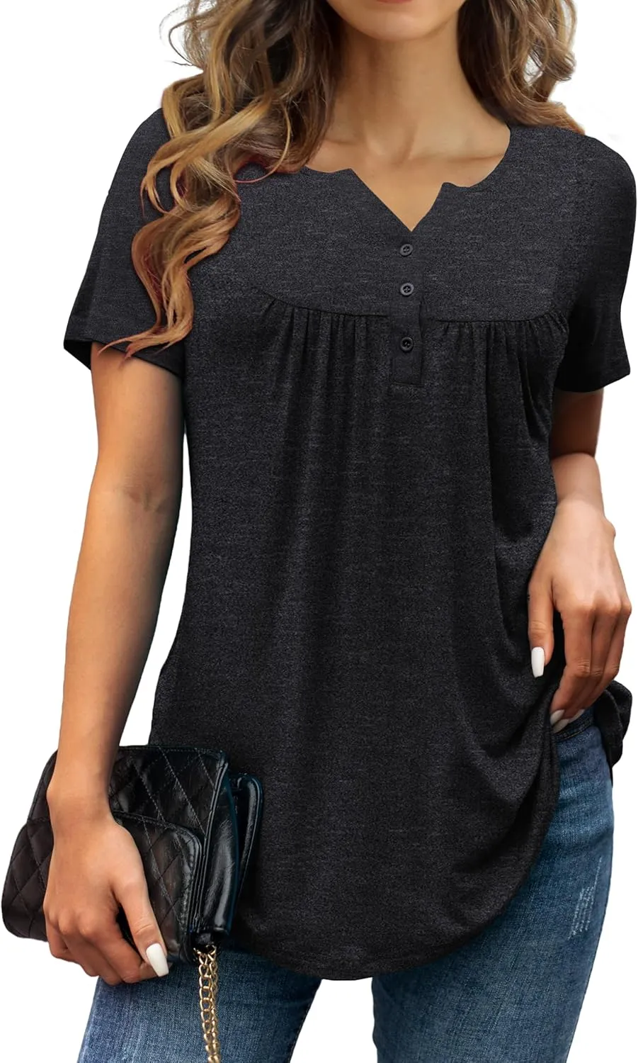 a.Jesdani Womens Summer Plus Size Tunic Tops Short Sleeve Blouses Casual Floral Henley Shirts