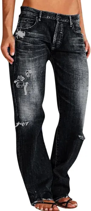 Akivide Loose Distressed Jean for Women Baggy Ripped Straight Leg Mid Waist Boyfriend Denim Pants
