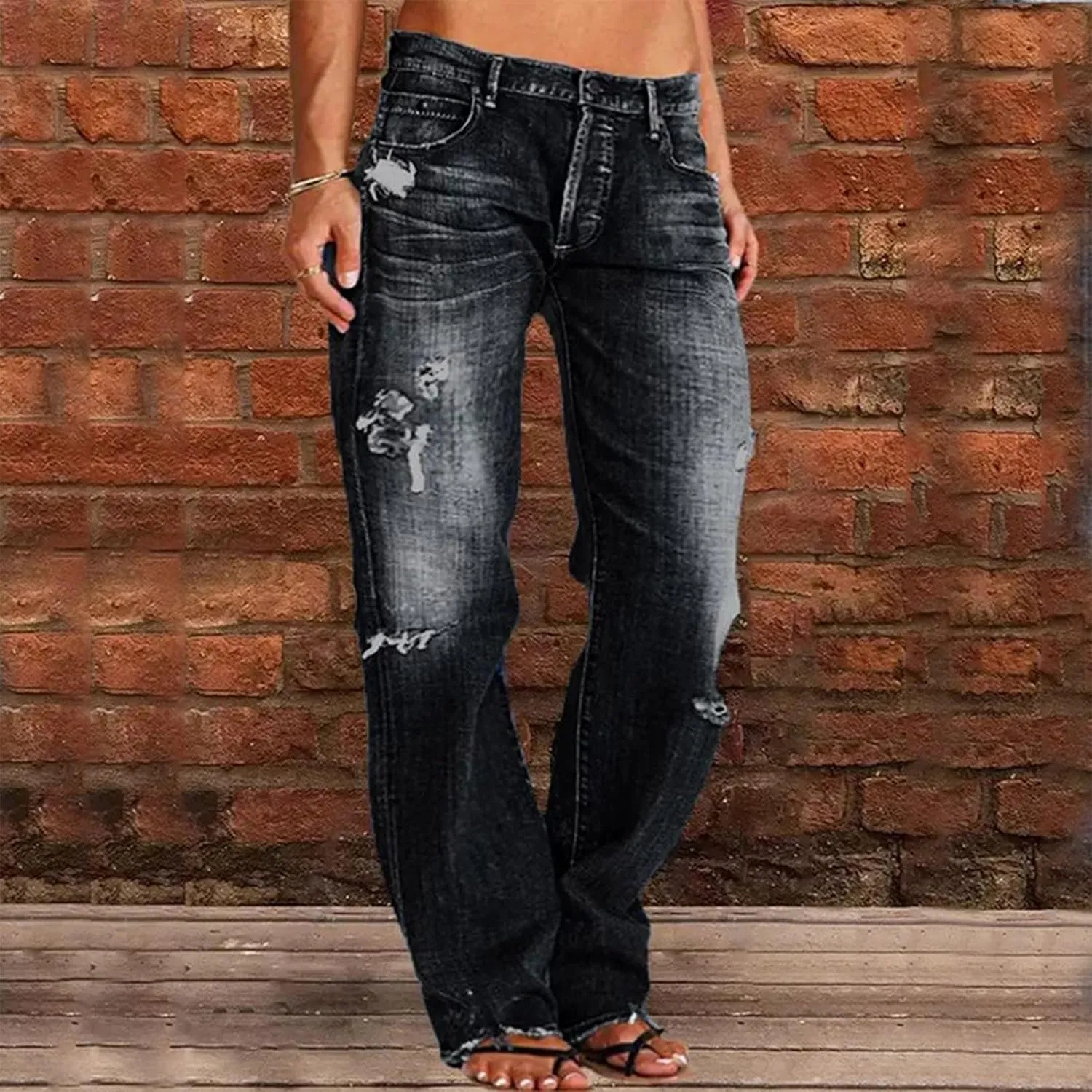 Akivide Loose Distressed Jean for Women Baggy Ripped Straight Leg Mid Waist Boyfriend Denim Pants