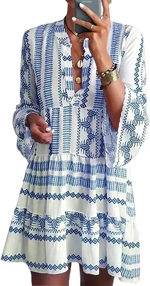 Akivide Women's Summer Boho Floral Print V Neck Ruffle Sleeve Loose Casual Short Mini Dress for Women