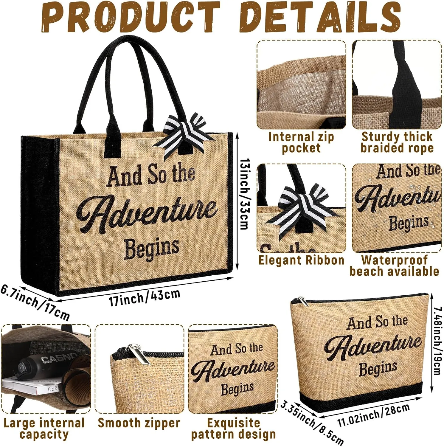 Aliceset 3 Pcs Beach Bags Gift Set for Women Canvas Tote Bag Wedding Handbags for Summer Bridal Shower Travel