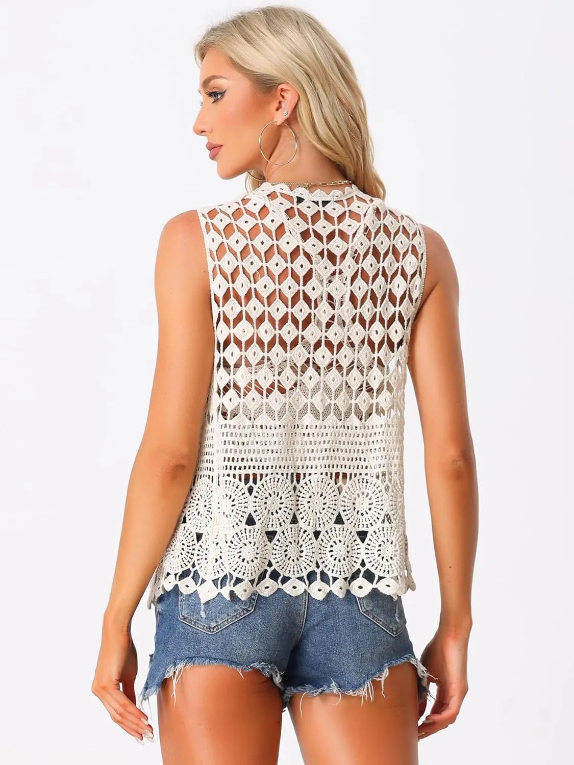 Allegra K Women's Vest Cardigan Open Front Sleeveless Hollow Out Crochet Shrugs