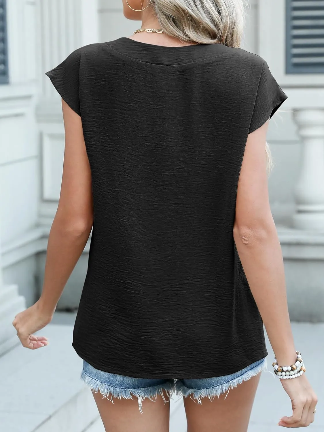 ANRABESS Women Tops Cap Sleeve Textured Dressy Casual V Neck Shirts 2025 Summer Business Work Blouses Outfits
