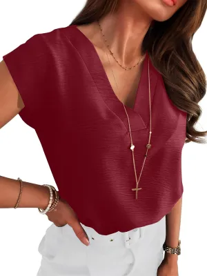 ANRABESS Women Tops Cap Sleeve Textured Dressy Casual V Neck Shirts 2025 Summer Business Work Blouses Outfits