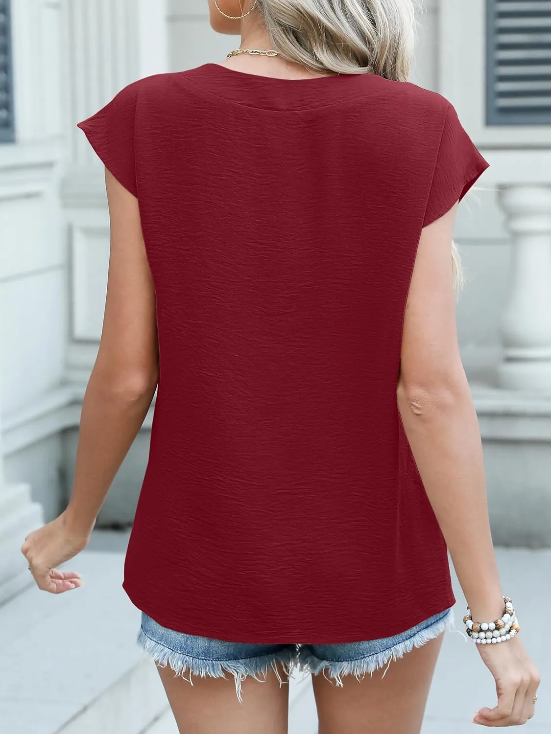 ANRABESS Women Tops Cap Sleeve Textured Dressy Casual V Neck Shirts 2025 Summer Business Work Blouses Outfits