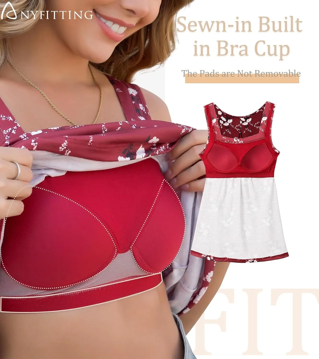 ANYFITTING Tank Top with Built in Bras Women Padded Flowy Loose Camisole Shirt Square Neck Sewn in Medium Support Wide Strap