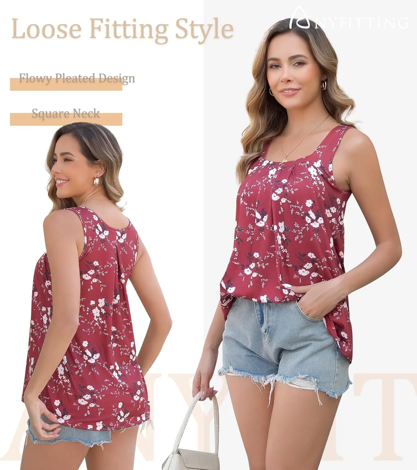 ANYFITTING Tank Top with Built in Bras Women Padded Flowy Loose Camisole Shirt Square Neck Sewn in Medium Support Wide Strap
