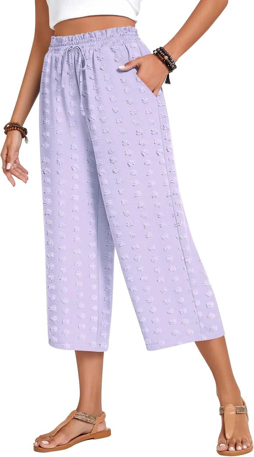 Anyhold Womens Capri Pants Loose High Waisted Wide Leg Lounge Pants Drawstring Casual Swiss Dot Palazzo Trousers with Pockets