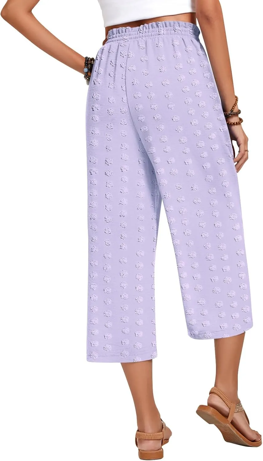 Anyhold Womens Capri Pants Loose High Waisted Wide Leg Lounge Pants Drawstring Casual Swiss Dot Palazzo Trousers with Pockets