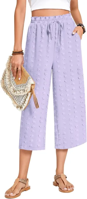Anyhold Womens Capri Pants Loose High Waisted Wide Leg Lounge Pants Drawstring Casual Swiss Dot Palazzo Trousers with Pockets