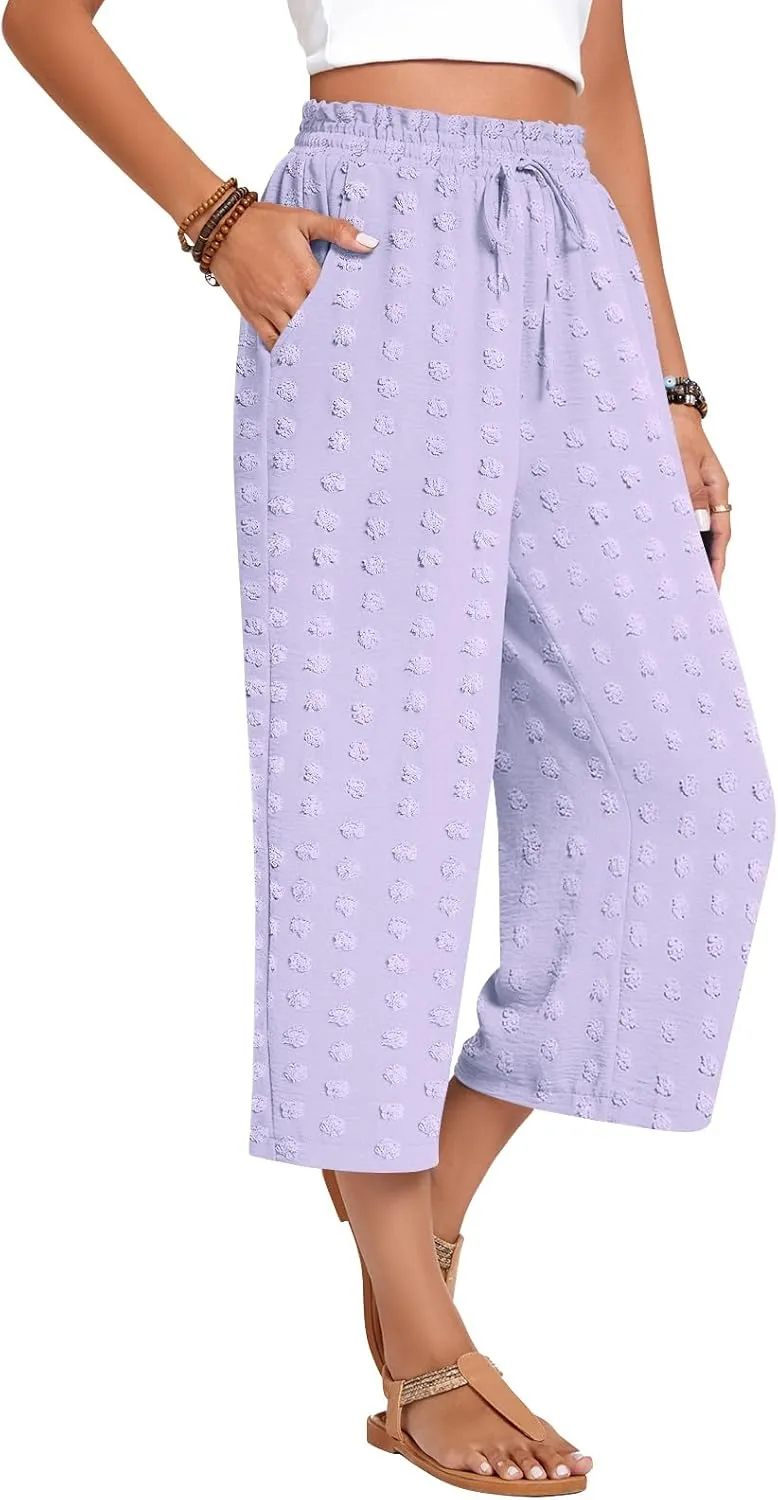 Anyhold Womens Capri Pants Loose High Waisted Wide Leg Lounge Pants Drawstring Casual Swiss Dot Palazzo Trousers with Pockets